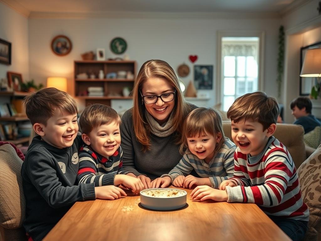 A heartwarming family scene unfolds in a cozy living room, bathed in soft, warm lighting. At the center, Valérie Lachance and the Savard children - David, Emma, and Liam - gather around a table, engaged in a lively activity. Valérie's nurturing presence and the kids' joyful expressions convey a sense of togetherness and a deep connection. The background features personal keepsakes, family photos, and a glimpse of a welcoming home, creating a comforting, intimate atmosphere. The composition is balanced, with the subjects positioned in a natural, candid manner, inviting the viewer to feel a part of this heartwarming family story.