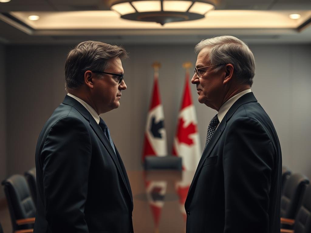 A high-contrast, cinematic photograph depicting the evolving relationship between Ontario Premier Doug Ford and former Bank of Canada Governor Mark Carney. In the foreground, Ford and Carney stand face-to-face, their expressions conveying a shift from initial tension to mutual understanding. The middle ground showcases the backdrop of a boardroom, with muted colors and soft lighting symbolizing the move towards alignment. In the background, a faint outline of the provincial and federal flags suggests the broader political landscape. The overall composition and atmospheric lighting evoke a sense of resolution and collaboration.