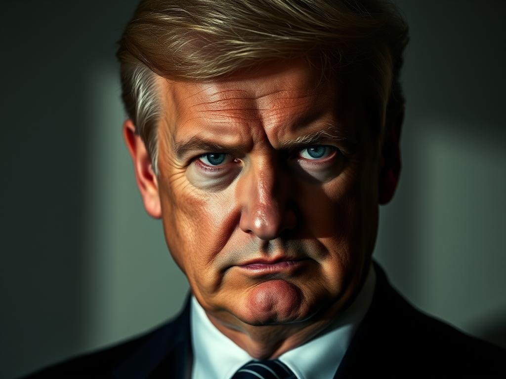 A high-contrast, cinematic portrait of a conservative political leader, captured in a serious, authoritative pose. The subject's face is sharply defined, with a determined expression and piercing gaze. The lighting is dramatic, casting bold shadows that accentuate the subject's features. The background is minimal, with muted tones that keep the focus on the leader's presence and persona. The composition is formal and symmetrical, conveying a sense of stability and gravitas. The overall aesthetic is one of power, discipline, and unwavering resolve - the embodiment of a conservative "brand" that projects strength and conviction.