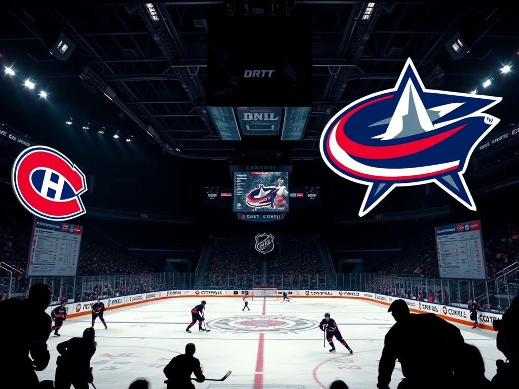 A high-contrast, cinematic scene depicting a hockey arena with the Montreal Canadiens and Columbus Blue Jackets logos prominently displayed. The foreground features hockey players in action, with dynamic poses and silhouetted figures. The middle ground showcases draft charts, scouting reports, and player profiles, hinting at the connections between the two teams. The background is dimly lit, with a sense of anticipation and intensity, as if capturing a pivotal moment in the NHL draft. The overall atmosphere is one of strategic planning, talent evaluation, and the intense rivalries that define professional hockey.