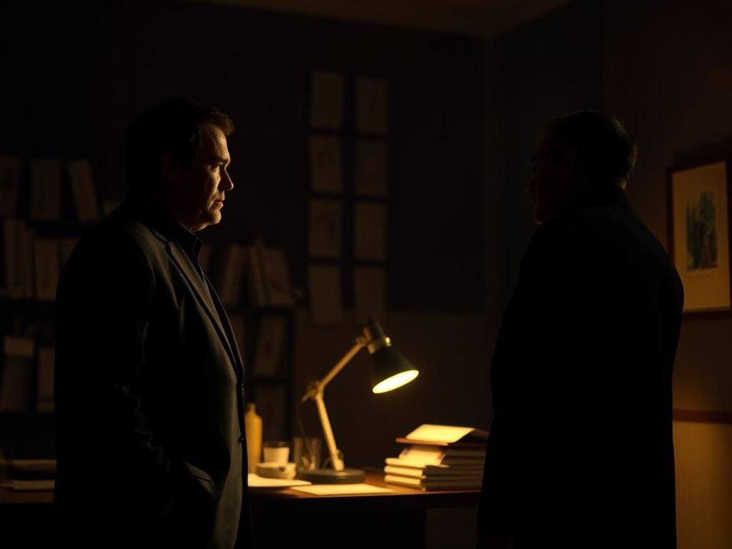 A high-contrast, cinematic scene depicting the currency debate over a potential Quebec dollar. In the foreground, two figures stand in a heated discussion, their faces illuminated by the warm glow of a desk lamp. The background is shrouded in shadows, hinting at the complex economic and political implications of the issue. The lighting creates a sense of tension and urgency, while the overall composition conveys the gravity of the topic. The scene is captured from a slightly elevated angle, giving the viewer a sense of observing a pivotal moment in the ongoing debate.