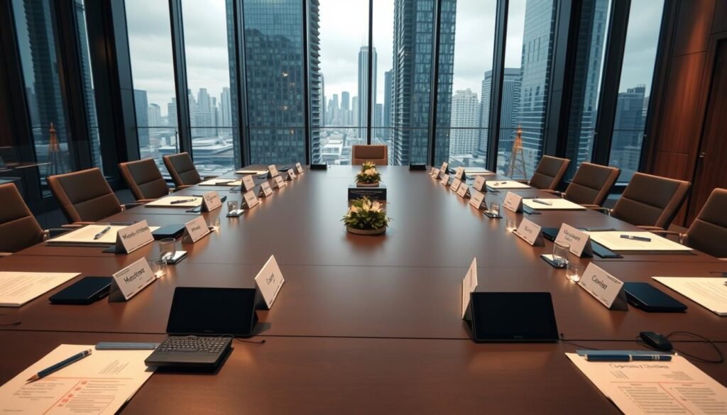 A high-contrast, wide-angle photograph of a conference room table with various documents, electronic devices, and name placards arranged in a deliberate, organized manner. The table is set against a backdrop of floor-to-ceiling windows overlooking a cityscape of modern skyscrapers, hinting at the global significance of the meeting. The lighting is a mix of natural daylight and warm, focused task lighting, creating a professional and focused atmosphere. The overall scene conveys a sense of purpose, collaboration, and the weight of the ministers' agenda for the upcoming G7 meeting in Montréal. A high-contrast, wide-angle photograph of a conference room table with various documents, electronic devices, and name placards arranged in a deliberate, organized manner. The table is set against a backdrop of floor-to-ceiling windows overlooking a cityscape of modern skyscrapers, hinting at the global significance of the meeting. The lighting is a mix of natural daylight and warm, focused task lighting, creating a professional and focused atmosphere. The overall scene conveys a sense of purpose, collaboration, and the weight of the ministers' agenda for the upcoming G7 meeting in Montréal.