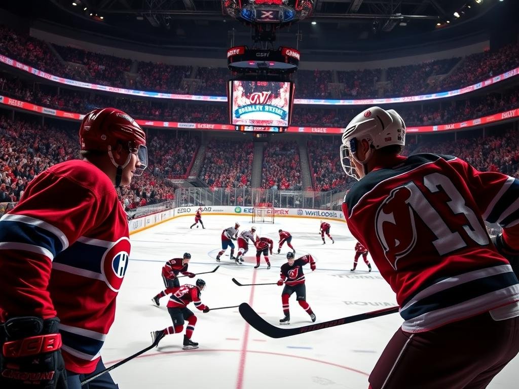 A high-energy hockey arena filled with roaring fans as the Montreal Canadiens and New Jersey Devils clash on the ice. In the foreground, two rival players exchange heated glances, their jerseys emblazoned with the team logos. The middle ground captures the intensity of the game, with players racing across the rink, sticks clashing as they vie for possession of the puck. In the background, the arena's grandstands are awash in the team's colors, the crowd erupting in cheers and chants that reverberate through the venue. Dramatic lighting casts dynamic shadows, emphasizing the athleticism and competitive spirit of the Rivalry Nights showdown.