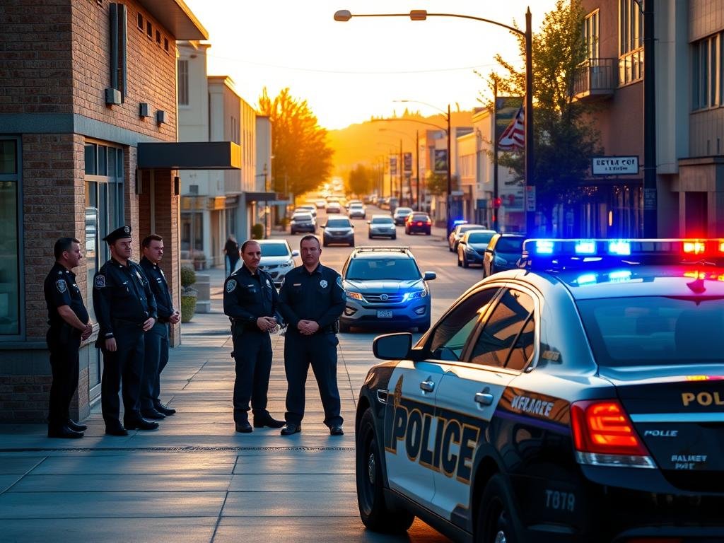A high-resolution image of the Wenatchee Police Department headquarters, with officers in uniform standing outside the entrance. In the foreground, a police cruiser is parked, its lights flashing. In the background, the streets of Wenatchee are visible, with other law enforcement vehicles and civilians going about their daily activities. The scene is bathed in warm, golden afternoon light, conveying a sense of cooperation and community involvement. The overall mood is one of professionalism, public service, and a collaborative effort between the Wenatchee Police Department and its partner agencies.
