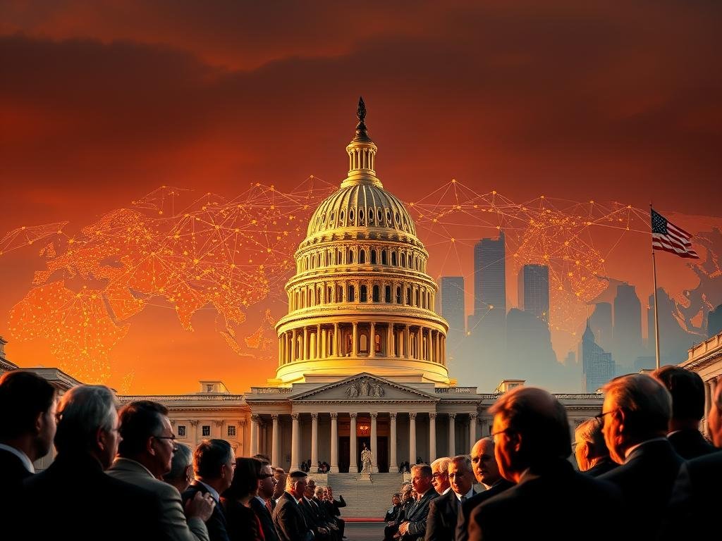 A high-stakes political clash unfolds against the backdrop of the U.S. Capitol building, its iconic dome illuminated by warm, golden light. In the foreground, lawmakers engaged in animated debate, their expressions conveying the gravity of the moment. Looming in the middle ground, a tapestry of global trade routes, interconnected economies, and the levers of economic power. In the distance, the silhouettes of skyscrapers and the American flag, symbolizing the broader geopolitical landscape that shapes the nation's trade policies. The scene captures the intricate web of domestic and international forces that converge in the vote, reflecting the nuanced, high-stakes nature of U.S. trade politics.