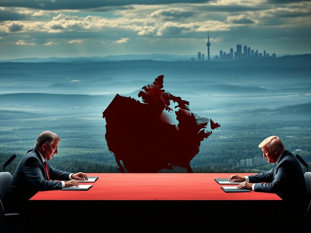 A high-tension negotiation between Canadian and American diplomats, set against the backdrop of a sprawling North American landscape. In the foreground, stern-faced officials stand across a long table, gesturing emphatically as they debate trade policies. The middle ground features a vast expanse of rolling hills and forests, symbolizing the geographic vastness and shared natural resources between the two nations. In the distant background, the iconic skylines of major cities like Toronto and New York loom, suggesting the economic and political weight of the decisions being made. The lighting is dramatic, with moody shadows and highlights emphasizing the gravity of the situation. The overall mood is one of high-stakes diplomacy, with the fate of the Canada-U.S. relationship hanging in the balance. A high-tension negotiation between Canadian and American diplomats, set against the backdrop of a sprawling North American landscape. In the foreground, stern-faced officials stand across a long table, gesturing emphatically as they debate trade policies. The middle ground features a vast expanse of rolling hills and forests, symbolizing the geographic vastness and shared natural resources between the two nations. In the distant background, the iconic skylines of major cities like Toronto and New York loom, suggesting the economic and political weight of the decisions being made. The lighting is dramatic, with moody shadows and highlights emphasizing the gravity of the situation. The overall mood is one of high-stakes diplomacy, with the fate of the Canada-U.S. relationship hanging in the balance.