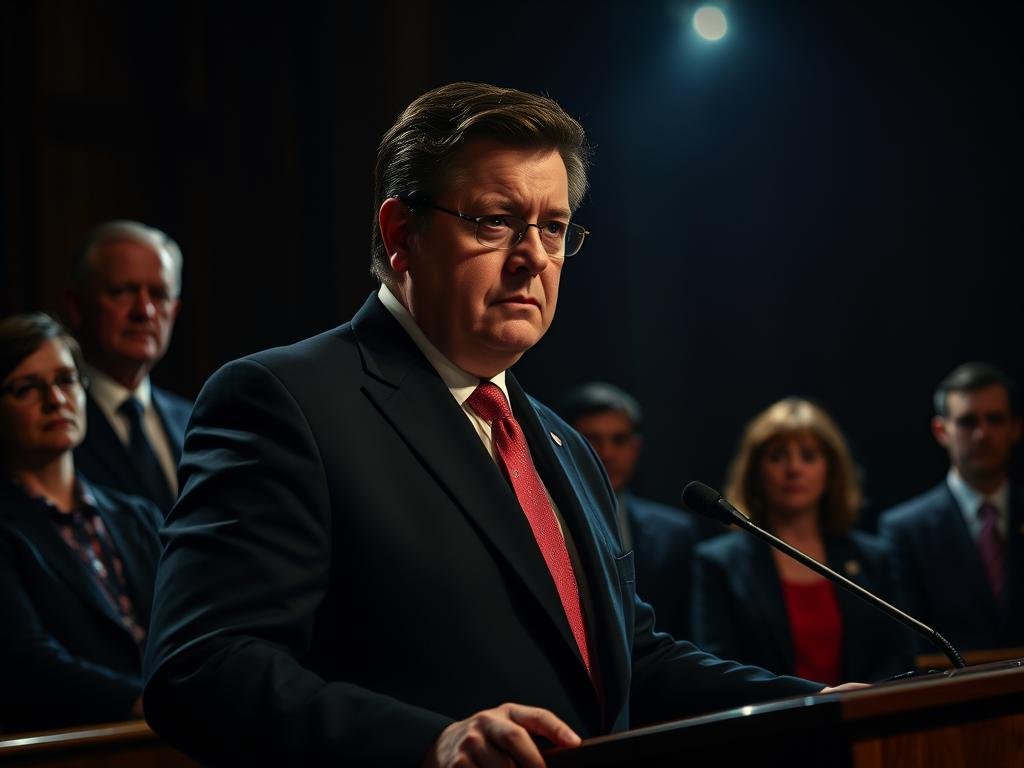 A high-tension political scene of Pierre Poilievre, leader of the Conservative Party of Canada, facing mounting pressure. Set in a dimly lit parliamentary chamber, Poilievre stands at a podium, his expression tense and brow furrowed, as opposition figures loom in the shadows behind him. Dramatic chiaroscuro lighting casts sharp contrasts, emphasizing the weight of the moment. The atmosphere is one of political drama and uncertainty, as Poilievre navigates the dynamics of his leadership position under scrutiny.