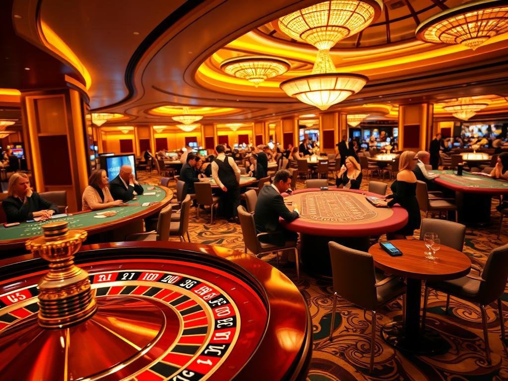 A lavish casino interior bathed in warm, golden lighting. In the foreground, a roulette table with a hypnotic spinning wheel and stacks of gleaming chips. To the side, a group of players engaged in a thrilling round of blackjack, faces alight with anticipation. In the middle ground, a baccarat table surrounded by elegantly dressed patrons, their eyes fixed on the unfolding game. The background reveals a panoramic view of the casino floor, bustling with activity and the allure of high-stakes gaming. The overall atmosphere exudes an air of sophistication, luxury, and the thrill of live casino excellence.