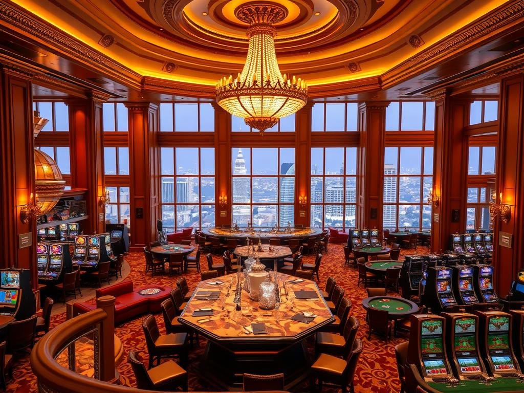 A lavish casino interior bathed in warm, golden lighting. In the foreground, an ornate chandelier casts a soft glow over a plush, velvet-upholstered lounge area. At the center, a grand marble-topped bar is flanked by elegant crystal decanters and gleaming glassware. The middle ground reveals rows of gleaming slot machines and gaming tables, their surfaces covered in green felt. In the background, towering windows offer a panoramic view of a glittering cityscape. Polished brass fixtures, intricate moldings, and rich wood accents create an atmosphere of opulence and exclusivity. The overall mood conveys a sense of luxury, indulgence, and the promise of high-stakes rewards.
