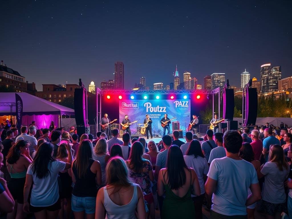 A lively outdoor concert scene at the Montreal Jazz Festival on the Esplanade, featuring a diverse group of musicians passionately performing jazz music on stage. In the foreground, an audience of enthusiastic concertgoers, dressed in modest casual clothing, enjoy the music, dancing and swaying under the vibrant lights. The middle ground shows the stage adorned with colorful lights, musical instruments, and banners highlighting the festival's spirit. In the background, the beautiful Montreal skyline is illuminated under a starry night sky. Capture the energy and excitement of late-night vibes, with dynamic lighting creating a warm, inviting atmosphere. Use a wide-angle lens to encompass the lively crowd and majestic cityscape, emphasizing the celebration of music in the streets.