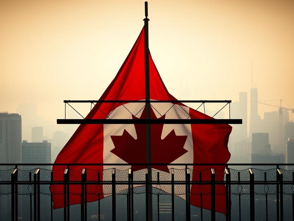 A majestic Canadian flag, its crimson hues and bold maple leaf emblazoned, dominates the frame. In the foreground, a series of steel tariffs and trade barriers loom, casting a somber shadow over the iconic national symbol. The background is a hazy, muted cityscape, evoking the political tension and economic uncertainty surrounding the Canada-US trade dispute. The lighting is dramatic, with sharp contrasts and deep shadows, conveying a sense of gravitas and unease. The overall composition is balanced and visually compelling, drawing the viewer's eye towards the central conflict between the national pride and the harsh realities of international trade politics.