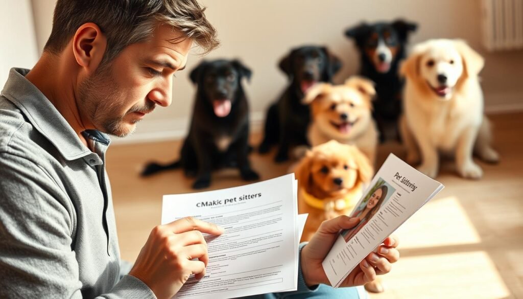 A meticulously composed tableau showcasing the act of comparing pet sitters. In the foreground, a diligent human carefully examines application documents, brow furrowed in concentration. In the middle ground, a variety of pet sitters are presented, each with their unique qualifications and personalities on display. In the soft-focus background, playful furry companions frolic, hinting at the importance of finding the perfect caretaker. The scene is illuminated by warm, natural lighting, creating a sense of thoughtful consideration. The overall composition conveys the careful decision-making process involved in selecting the ideal pet sitter, a crucial step in ensuring the wellbeing of one's beloved furry family members.