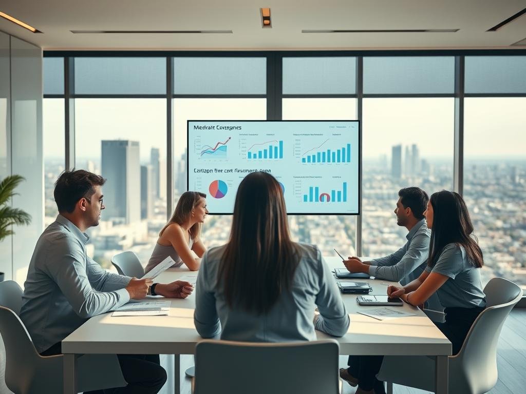 A modern, clean-lined office setting with a large window overlooking a city skyline. In the foreground, a group of people sitting around a conference table, deep in discussion, digital devices and papers spread out before them. Soft, natural lighting filters in, casting a warm glow. The middle ground features a large display screen showing graphs, charts, and consumer data. In the background, the city landscape is visible through the window, hinting at the broader context of the discussion. The overall mood is one of focused collaboration and anticipation around emerging consumer trends and platform changes.