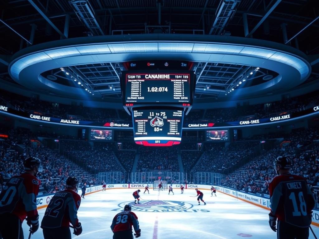 A modern ice hockey arena, the Avalanche's home rink, bathed in a cool, blue-tinted lighting. In the foreground, the Avalanche and Canadiens players, poised for an intense matchup, their jerseys crisp and detailed. The middle ground features a large digital scoreboard displaying the schedule and matchup details, conveying the high-stakes atmosphere. In the background, the arena's architecture frames the scene, with sleek lines and a futuristic aesthetic. The overall mood is one of anticipation and competitive energy, setting the stage for a crucial game with significant implications for both teams' seasons.