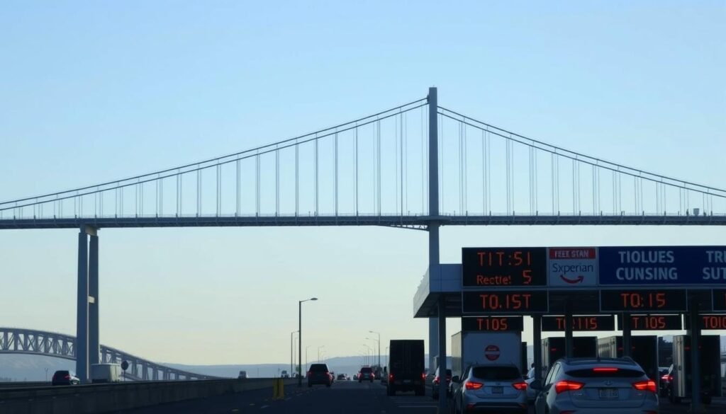 A modern suspension bridge spans a vast expanse, its graceful arches and cables silhouetted against a clear sky. In the foreground, a toll booth stands, its automated gates and signage indicating the recent reduction in bridge crossing fees. Cars and trucks steadily flow through, their headlights and taillights creating a dynamic visual rhythm. The bridge's iconic architecture and the efficient toll management create a sense of progress and connectivity, reflecting the engineering marvels that have made this the longest bridge in Canada. A modern suspension bridge spans a vast expanse, its graceful arches and cables silhouetted against a clear sky. In the foreground, a toll booth stands, its automated gates and signage indicating the recent reduction in bridge crossing fees. Cars and trucks steadily flow through, their headlights and taillights creating a dynamic visual rhythm. The bridge's iconic architecture and the efficient toll management create a sense of progress and connectivity, reflecting the engineering marvels that have made this the longest bridge in Canada.