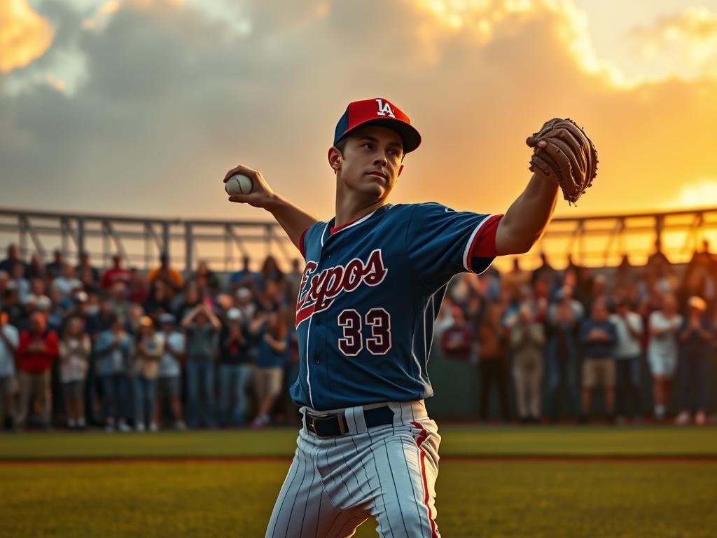 A nostalgic baseball scene depicting a "Major League Moment" with the Montreal Expos. In the foreground, a young pitcher in a professional Expos uniform, with the iconic red, white, and blue colors, stands poised on the mound, throwing a fastball. His expression is focused and determined, showcasing the excitement of the game. In the middle ground, a diverse group of fans wearing vintage Expos gear is cheering enthusiastically, capturing the electric atmosphere. The background features the iconic Olympic Stadium, bathed in warm, golden sunset light, with clouds creating a dramatic sky above. Shot at a low angle to emphasize the pitcher, with a shallow depth of field to blur the background slightly. The overall mood is one of celebration and nostalgia, evoking a sense of community and passion for baseball. A nostalgic baseball scene depicting a "Major League Moment" with the Montreal Expos. In the foreground, a young pitcher in a professional Expos uniform, with the iconic red, white, and blue colors, stands poised on the mound, throwing a fastball. His expression is focused and determined, showcasing the excitement of the game. In the middle ground, a diverse group of fans wearing vintage Expos gear is cheering enthusiastically, capturing the electric atmosphere. The background features the iconic Olympic Stadium, bathed in warm, golden sunset light, with clouds creating a dramatic sky above. Shot at a low angle to emphasize the pitcher, with a shallow depth of field to blur the background slightly. The overall mood is one of celebration and nostalgia, evoking a sense of community and passion for baseball.