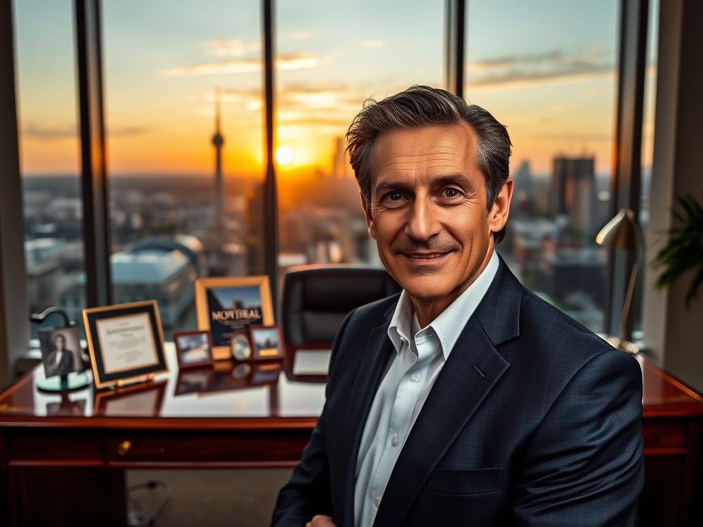 A portrait of a distinguished businessman of Jewish heritage in a modern office setting, representing Stephen Bronfman. The foreground features him in a tailored navy suit and crisp white shirt, exuding confidence. In the middle ground, an elegant wooden desk is adorned with philanthropic awards and a photo frame showcasing his Montreal roots, such as the city's skyline and landmarks. In the background, large windows reveal a vibrant urban view of Montreal, with the sun setting, casting a warm golden glow over the scene. The atmosphere is professional and reflective, capturing the essence of business acumen, philanthropy, and personal heritage. The image should convey a sense of achievement and responsibility without any text or distractions. A portrait of a distinguished businessman of Jewish heritage in a modern office setting, representing Stephen Bronfman. The foreground features him in a tailored navy suit and crisp white shirt, exuding confidence. In the middle ground, an elegant wooden desk is adorned with philanthropic awards and a photo frame showcasing his Montreal roots, such as the city's skyline and landmarks. In the background, large windows reveal a vibrant urban view of Montreal, with the sun setting, casting a warm golden glow over the scene. The atmosphere is professional and reflective, capturing the essence of business acumen, philanthropy, and personal heritage. The image should convey a sense of achievement and responsibility without any text or distractions.