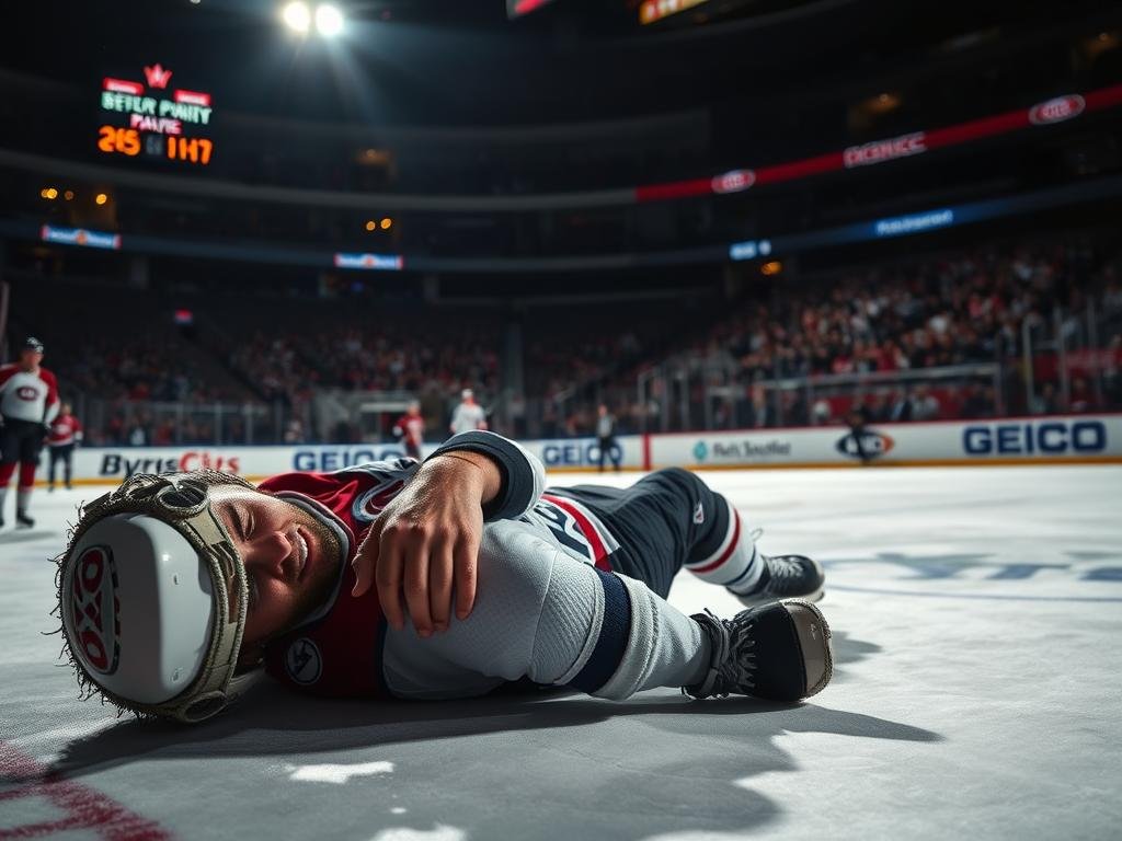A professional hockey player, Reinbacher, lies on the ice, grimacing in pain as he clutches his injured knee. The scene is captured in a dramatic, low-angle shot, emphasizing the player's vulnerability and the intensity of the moment. The arena lights cast long shadows, creating a somber, reflective atmosphere. In the background, the crowd watches with bated breath, their faces etched with concern. The image conveys the physical and emotional toll of Reinbacher's last season's knee injury and his subsequent playoff experience, setting the stage for his return to the Rocket and the Canadiens organization.