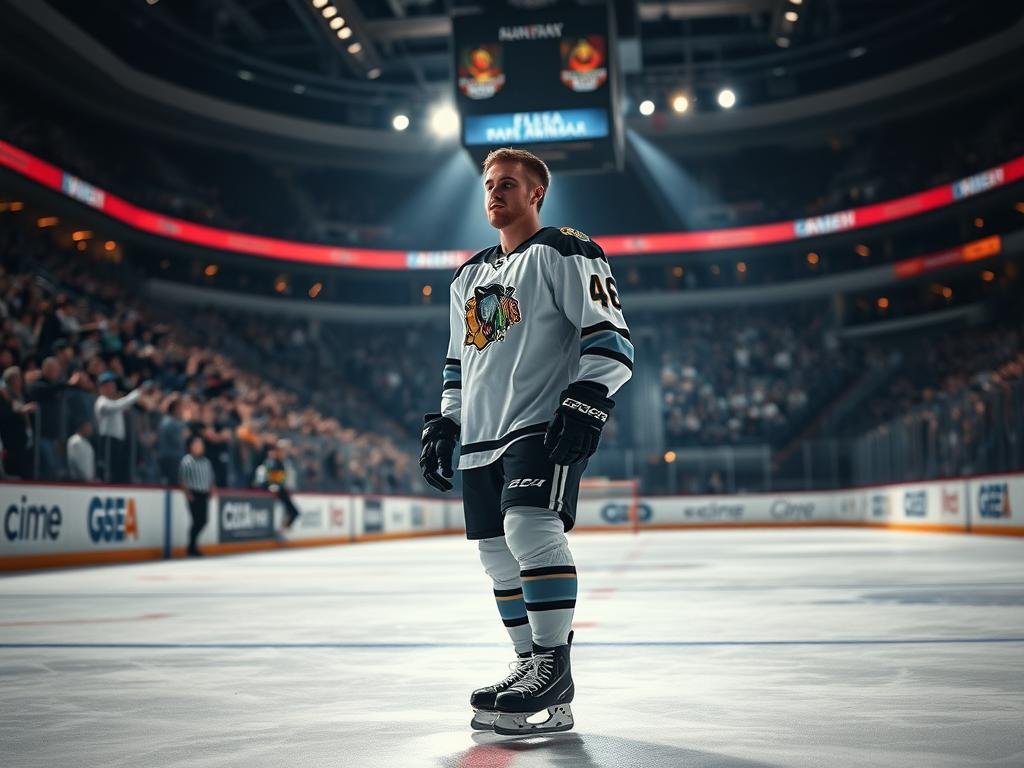 A professional hockey player, donning a crisp jersey, stands on the ice with a focused gaze, his skates leaving a trail in the freshly resurfaced rink. The arena's bright lights cast long shadows, creating a sense of drama and intensity. In the background, the stands are filled with cheering fans, their silhouettes blurred, creating a sense of energy and excitement. The player's expression conveys a mix of determination and pride, as he reflects on his journey from Columbus to Tampa Bay to Montreal, each stop a chapter in his storied career. The image captures the essence of a dedicated athlete, driven to excel and make a lasting impact on the sport he loves.