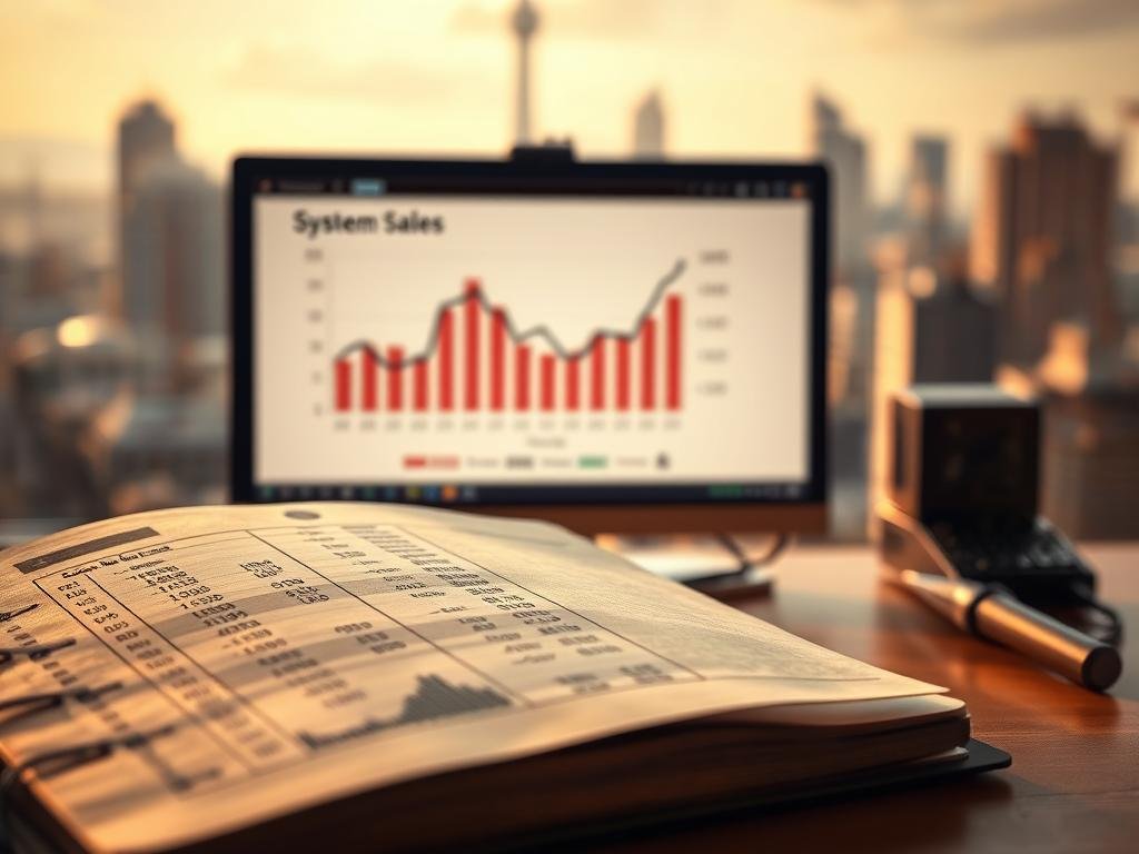 A realistic still life scene depicting the pressures on system sales. In the foreground, a ledger with financial figures shows a downward trend. In the middle ground, a computer monitor displays a chart with declining sales metrics. In the background, a blurred cityscape conveys the broader macroeconomic environment. Warm overhead lighting casts subtle shadows, creating a contemplative mood. The composition emphasizes the interplay between the company's internal performance and external market forces.