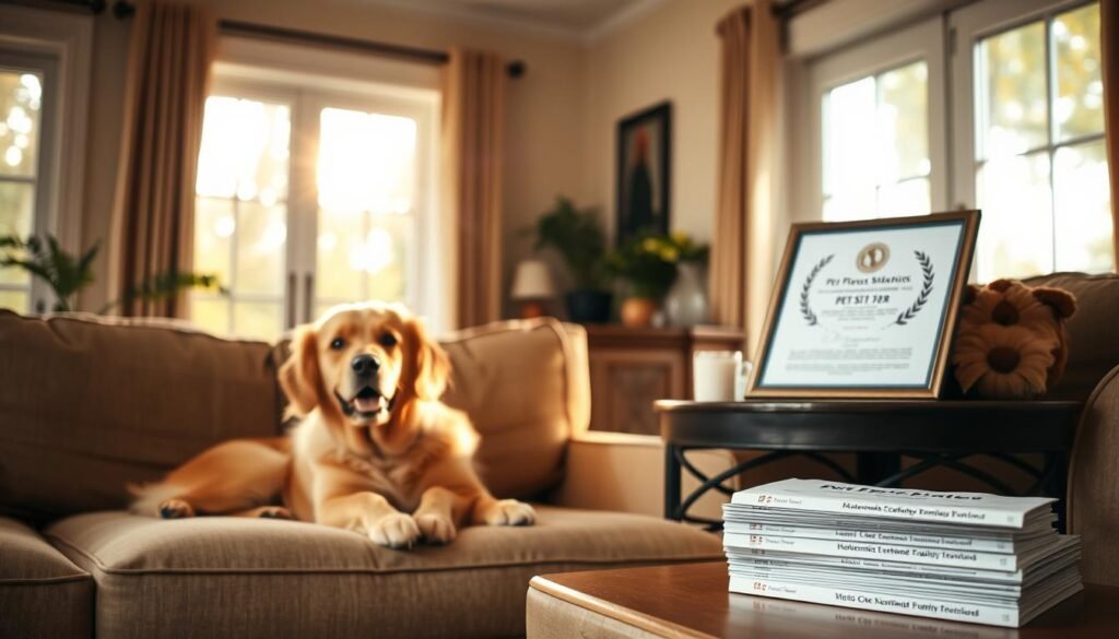 A serene home interior, bathed in warm, natural lighting from large windows. In the foreground, a well-loved family pet - a playful golden retriever - relaxing contentedly on a plush, comfortable sofa. The middle ground features a side table with a stack of positive pet sitting reviews, radiating a sense of trust and reliability. In the background, a framed certificate or emblem signifies the pet sitter's commitment to safety and professional expertise, instilling a feeling of peace of mind. The overall atmosphere is one of tranquility, security, and the genuine care for the furry family member.