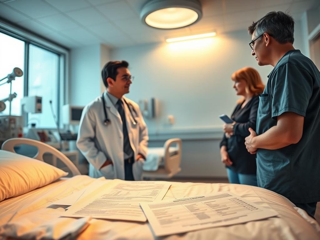 A serene hospital environment focused on consent protocols and advance directives. In the foreground, a physician in professional attire is discussing with a concerned family member, both engaged in a respectful dialogue. The middle ground features a bedside with medical documents and an advance directive form, illuminated by soft, warm overhead lighting. The background reveals a calm hospital room with medical equipment and a large window allowing natural light to filter in, enhancing the atmosphere of hope and clarity. The overall mood is contemplative and responsible, emphasizing the importance of communication and informed consent in medical settings. A wide-angle perspective captures the entire scene, enhancing the sense of empathy and care inherent in medical practice.