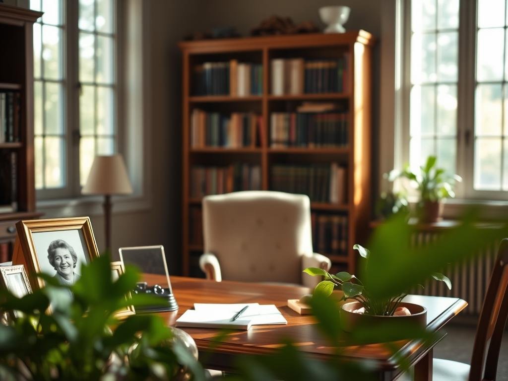A serene office setting, bathed in soft, natural light coming through large windows. In the foreground, a wooden desk filled with personal mementos, including a framed photo of a smiling Michèle D. Biron engaged in community work, surrounded by green plants symbolizing growth and remembrance. The middle ground features a comfortable chair positioned across from the desk, inviting reflection. In the background, a bookshelf lined with books on leadership and local history, subtly hinting at her dedication to service. The atmosphere is warm and nostalgic, embodying a sense of legacy and reverence. The lens focuses on the desk, creating a slight blur on the bookshelf, evoking a contemplative mood, perfect for personal reflections on her impactful tenure.