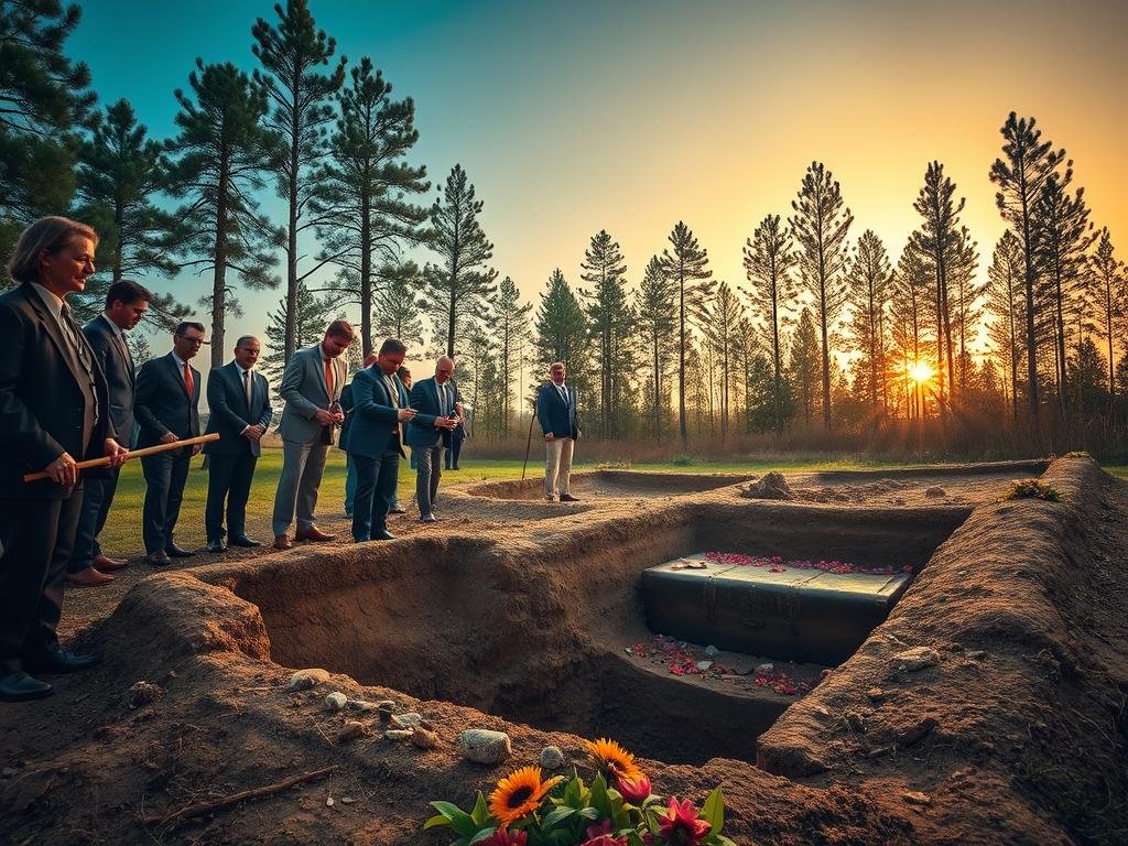 A serene outdoor scene depicting a historical burial ceremony juxtaposed with a modern time capsule burial. In the foreground, a diverse group of individuals dressed in professional business attire, holding ceremonial tools, delicately place a gleaming time capsule into a neatly dug hole. The middle ground features a partially excavated ancient burial site, with artifacts and flowers surrounding it, symbolizing past traditions. In the background, tall trees sway gently under a soft golden light, indicating the warmth of an early evening sunset. The sky transitions from deep blue to warm orange, creating an atmosphere of reverence and hope for future discoveries. Capture the essence of continuity in rituals across eras with a subtle focus on earth's textures and timeless symbolism. A serene outdoor scene depicting a historical burial ceremony juxtaposed with a modern time capsule burial. In the foreground, a diverse group of individuals dressed in professional business attire, holding ceremonial tools, delicately place a gleaming time capsule into a neatly dug hole. The middle ground features a partially excavated ancient burial site, with artifacts and flowers surrounding it, symbolizing past traditions. In the background, tall trees sway gently under a soft golden light, indicating the warmth of an early evening sunset. The sky transitions from deep blue to warm orange, creating an atmosphere of reverence and hope for future discoveries. Capture the essence of continuity in rituals across eras with a subtle focus on earth's textures and timeless symbolism.