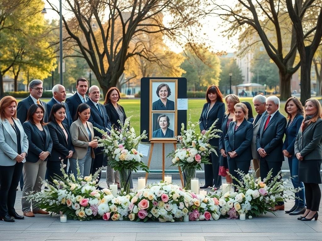 A serene outdoor scene depicting a public tribute space for the late Michèle D. Biron, with a central arrangement of elegant floral displays in soft pastels. In the foreground, a group of diverse and respectful Saint-Laurent leaders dressed in professional business attire gather, their faces showing solemnity and remembrance. The middle ground features a large easel displaying a portrait of Michèle D. Biron, surrounded by candles and heartfelt messages from the community. The background includes a city park setting, with gently swaying trees and soft, diffused daylight filtering through, creating a warm and reflective atmosphere. The image should evoke feelings of unity and respect, with a focus on the tribute rather than any distractions.