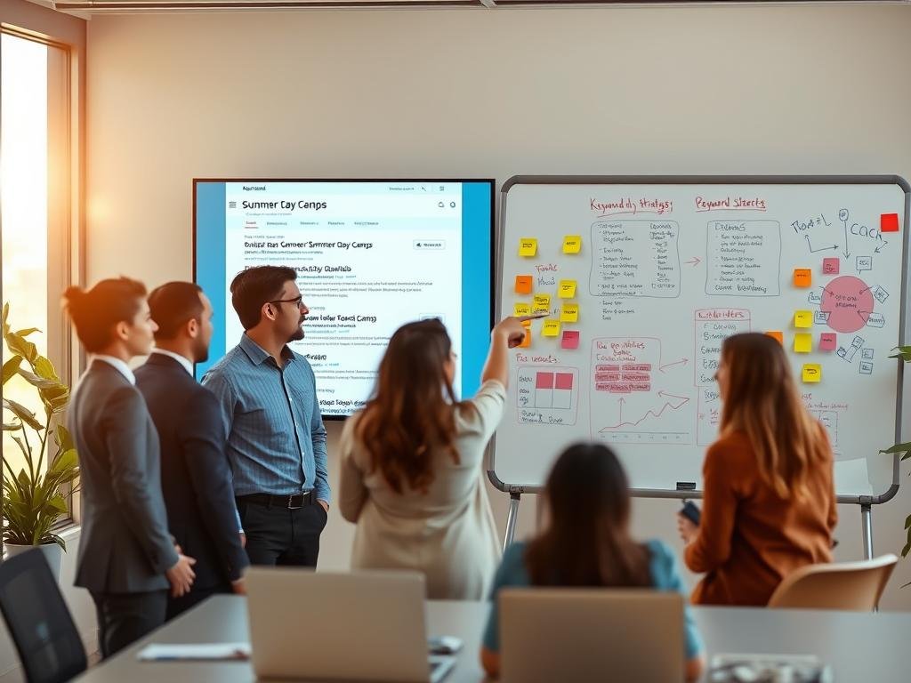 A sleek, modern office environment serves as the backdrop, with a large computer screen displaying a webpage showcasing organic search results related to summer day camps. In the foreground, a diverse group of three professionals dressed in smart casual attire is discussing strategies for keyword optimization, with one pointing at the screen. The middle ground features a whiteboard filled with colorful sticky notes and diagrams illustrating keyword strategies and search trends. Soft natural light streams in through a large window, casting a warm glow across the scene, while a shallow depth of field emphasizes the focused discussion. The atmosphere is collaborative and energetic, conveying the idea of proactive marketing efforts.