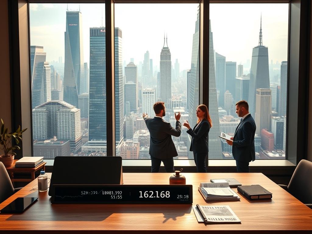 A sleek, modern office interior with a large window overlooking a bustling city skyline. In the foreground, a stylish wooden desk with a laptop, tablet, and various office supplies. On the desk, a stock ticker display shows the real-time ABNB stock price. In the middle ground, a team of professionals in business attire are engaged in a heated discussion, gesturing towards news articles and market data. The background is filled with towering skyscrapers and a vibrant cityscape, bathed in warm, golden lighting that filters through the window. The overall atmosphere conveys a sense of energy, innovation, and the fast-paced world of the short-term rental industry.