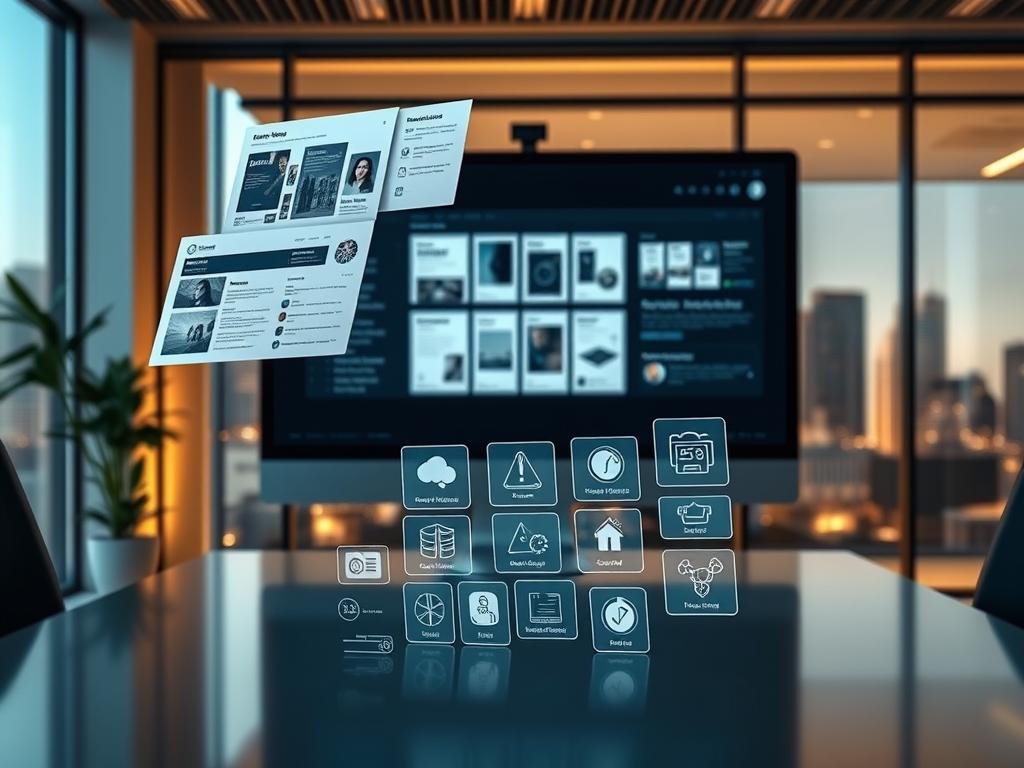 A sleek, modern office setting with a large computer monitor displaying various user interface elements. In the foreground, an array of digital catalog pages and personalization options float weightlessly, showcasing the breadth of content and customization capabilities. The middle ground features stylized icons and infographic-style visualizations, highlighting the impact on user experience. The background subtly depicts a city skyline, hinting at the wider context of the province's digital landscape. The scene is bathed in a warm, inviting lighting scheme that conveys a sense of innovation and progress. The overall composition strikes a balance between the technical details and the human-centric experience.