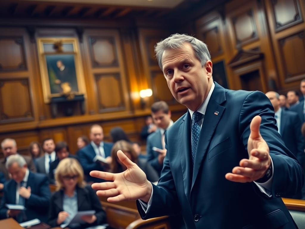 A snapshot of a dramatic moment in the National Assembly of Quebec, focusing on a middle-aged male politician resembling Paul Rose, dressed in a formal navy blue suit and tie, passionately gesturing to his colleagues. In the foreground, capture his expressive face showing determination and conviction. The middle ground features attentive assembly members, some taking notes, others whispering, all in formal attire, reflecting the seriousness of the legislative discussions. The background reveals the grand architecture of the assembly chamber with wooden paneling and ornate details, softly illuminated by overhead lighting that highlights the tension in the room. The overall atmosphere is intense and politically charged, conveying the weight of the discussion around the withdrawn motion.