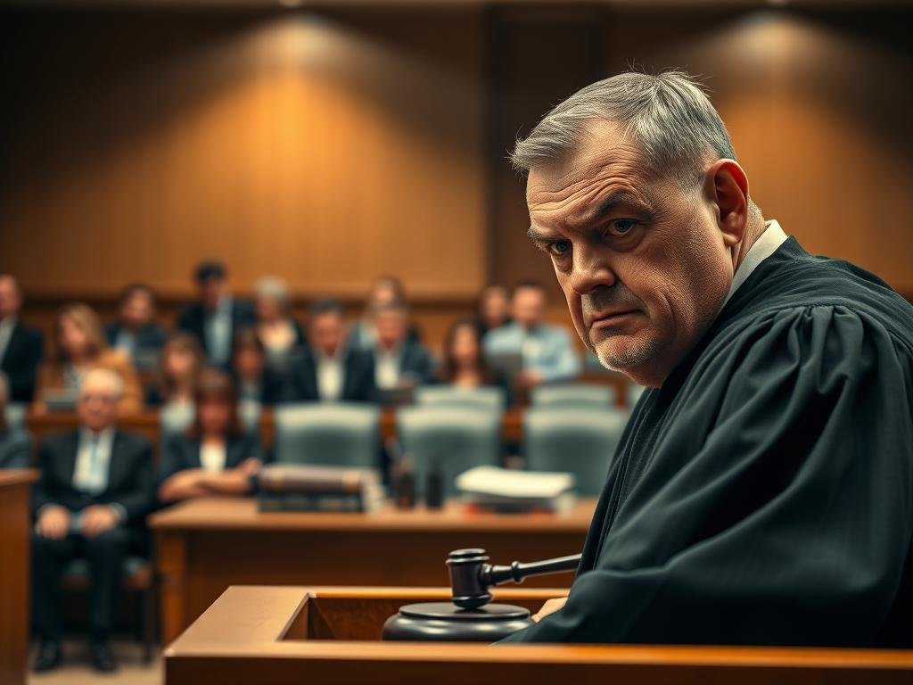 A solemn courtroom scene capturing a judge's stern expression as they deliver a powerful condemnation. In the foreground, focus on the judge, dressed in a black robe, with a stern gaze and furrowed brow, emphasizing authority. In the middle, a wooden bench adorned with legal books and the gavel positioned prominently, signifying the weight of justice. In the background, blurred figures of a courtroom audience, dressed in professional attire, showcasing a mix of concern and contemplation. Soft, dramatic lighting with spotlighting on the judge to enhance the mood of seriousness and gravity. The overall atmosphere should convey a sense of justice being served and the weight of the judge's words echoing in the room, highlighting the significance of the moment.