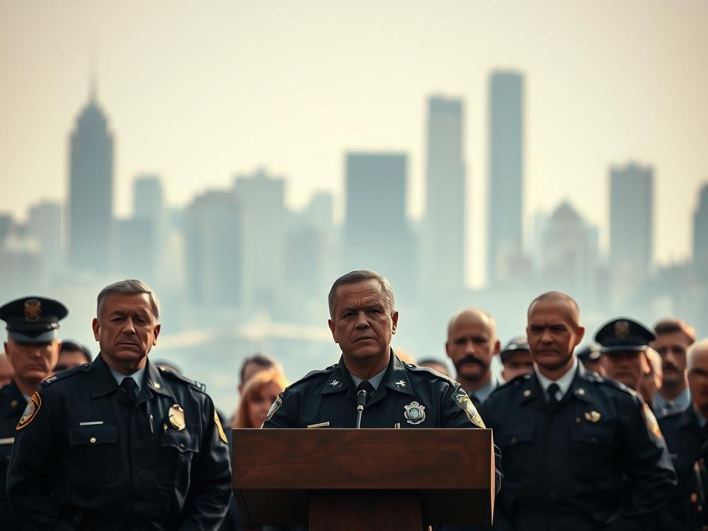 A somber law enforcement scene set against a blurred cityscape backdrop. In the foreground, a group of serious-faced officers in uniform stand before a podium, ready to deliver a solemn public statement. Subtle lighting casts dramatic shadows, conveying a sense of gravity and weight to the proceedings. The middle ground features a crowd of attentive onlookers, their expressions ranging from concern to contemplation. The background is hazy, suggesting the larger context and impact of the event being addressed. The overall mood is one of professionalism, responsibility, and the weighty nature of the law enforcement's public role.
