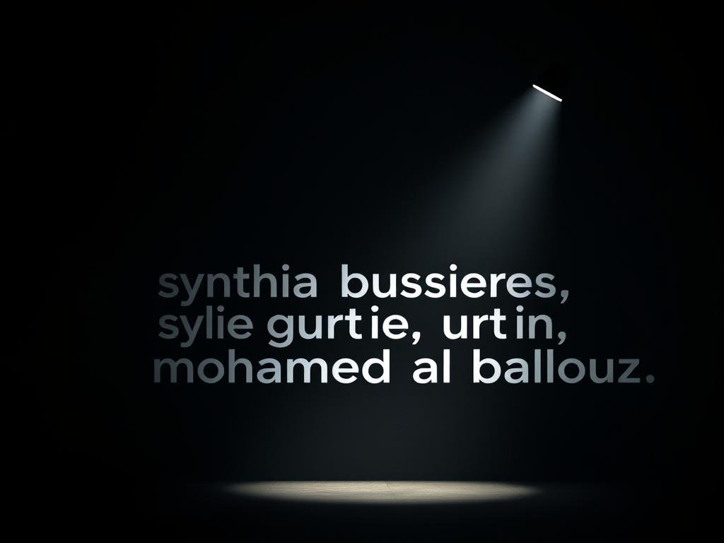 A somber news headline against a dimly lit backdrop, featuring the names "synthia bussières, sylvie guertin, mohamed al ballouz" in a bold, sans-serif font. The names are illuminated by a focused spotlight, casting dramatic shadows on the surrounding walls. The overall atmosphere is one of gravity and weight, reflecting the serious nature of the news story. The image should have a cinematic quality, with a shallow depth of field to draw the viewer's attention to the central text. The lighting and composition should create a sense of tension and unease, conveying the emotional impact of the news event.