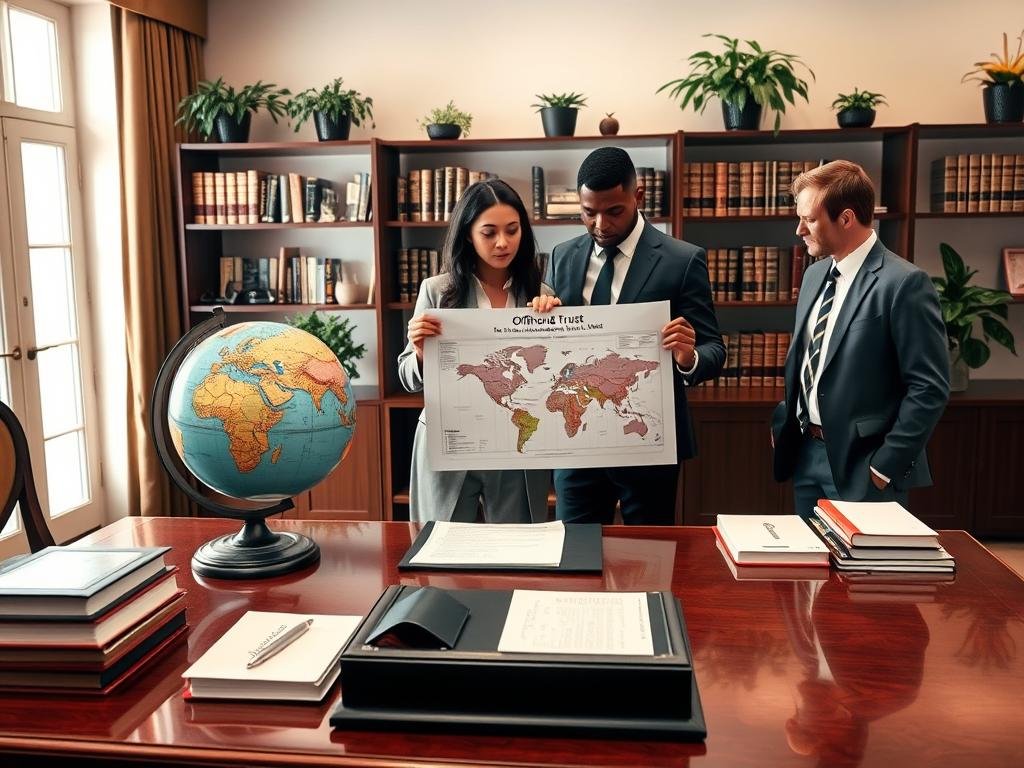 A sophisticated office setting featuring a large, elegant wooden desk in the foreground, neatly arranged with legal books and documents related to tax law. A globe and a framed map of offshore jurisdictions are prominently displayed, symbolizing the concept of offshore trusts. In the middle ground, a diverse group of three professionals, dressed in tailored business suits, engage in a serious discussion while reviewing a detailed chart on interest-free loans. The background includes shelves filled with law journals and potted plants, emitting a vibrant but professional atmosphere. Soft, warm lighting from a window creates an inviting ambiance, emphasizing the intricate dynamics of tax law perspectives. The image conveys seriousness and professionalism, suitable for a legal analysis setting. A sophisticated office setting featuring a large, elegant wooden desk in the foreground, neatly arranged with legal books and documents related to tax law. A globe and a framed map of offshore jurisdictions are prominently displayed, symbolizing the concept of offshore trusts. In the middle ground, a diverse group of three professionals, dressed in tailored business suits, engage in a serious discussion while reviewing a detailed chart on interest-free loans. The background includes shelves filled with law journals and potted plants, emitting a vibrant but professional atmosphere. Soft, warm lighting from a window creates an inviting ambiance, emphasizing the intricate dynamics of tax law perspectives. The image conveys seriousness and professionalism, suitable for a legal analysis setting.
