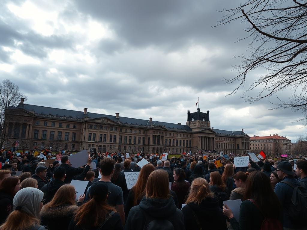 A sprawling campus under a somber sky, students gathered in peaceful protest, placards in hand. In the foreground, a tense discussion unfolds, debating the complex issues of divestment, academic boycott, and university governance. The architecture of McGill University looms in the background, its stately edifices a backdrop to the charged atmosphere. The lighting is muted, casting long shadows across the scene, reflecting the gravity of the situation. The camera angle is angled to capture the scale of the gathering, emphasizing the weight of the student's demands. An atmosphere of thoughtful deliberation and civic engagement permeates the setting, as the community grapples with the pressing concerns facing the institution. A sprawling campus under a somber sky, students gathered in peaceful protest, placards in hand. In the foreground, a tense discussion unfolds, debating the complex issues of divestment, academic boycott, and university governance. The architecture of McGill University looms in the background, its stately edifices a backdrop to the charged atmosphere. The lighting is muted, casting long shadows across the scene, reflecting the gravity of the situation. The camera angle is angled to capture the scale of the gathering, emphasizing the weight of the student's demands. An atmosphere of thoughtful deliberation and civic engagement permeates the setting, as the community grapples with the pressing concerns facing the institution.