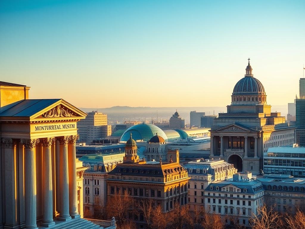 A sprawling cityscape of Montreal's renowned art and history museums, bathed in warm, golden afternoon light. In the foreground, the striking facade of the Montreal Museum of Fine Arts, its neoclassical columns and intricate carvings gleaming. In the middle ground, the iconic Pointe-à-Callière Archaeology and History Complex, its modern glass and steel structure contrasting with the historic buildings around it. In the distance, the majestic dome of the Musée d'art contemporain de Montréal, a beacon of the city's vibrant contemporary art scene. The scene conveys a sense of cultural richness and intellectual exploration, inviting the viewer to discover the treasures within these hallowed institutions.