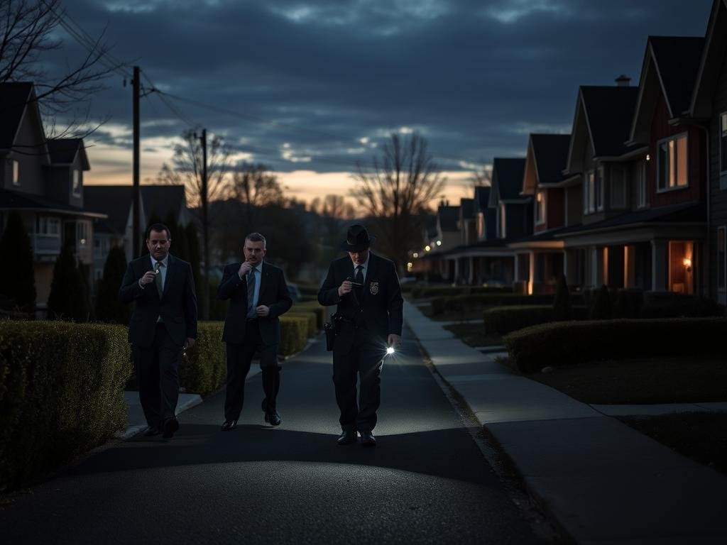 A tense, atmospheric scene depicting the Pointe-Claire area during dusk, where law enforcement is conducting a thorough search related to break-ins. In the foreground, a group of police officers in professional business attire examine a neighborhood with flashlights, their faces focused and determined. In the middle ground, a well-kept suburban street with neatly trimmed hedges and inviting front porches, now cast in shadows, hints at the neighborhood's unease. The background features a darkening sky, with the fading light reflecting off residential windows, creating an eerie contrast. Using a shallow depth of field, the image captures the urgency and tension of the investigation, with soft, diffused lighting enhancing the somber mood.