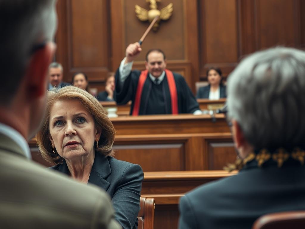 A tense courtroom scene depicting the moment of acquittal for Adele Sorella, a middle-aged woman in professional business attire, sitting at the defendant's table with a mixture of hope and anxiety. The foreground captures her expression, framed by the polished wooden courtroom furniture, with her legal team presenting a confident demeanor. In the middle, a judge in traditional robes raises a gavel, signaling the verdict, while jurors look on, their expressions a mix of relief and scrutiny. The background shows the gallery with onlookers, reflecting a sense of tension and anticipation. Soft, focused lighting illuminates the faces, creating a dramatic yet professional atmosphere. The angle is slightly elevated, providing a comprehensive view of the scene without any text or distractions.