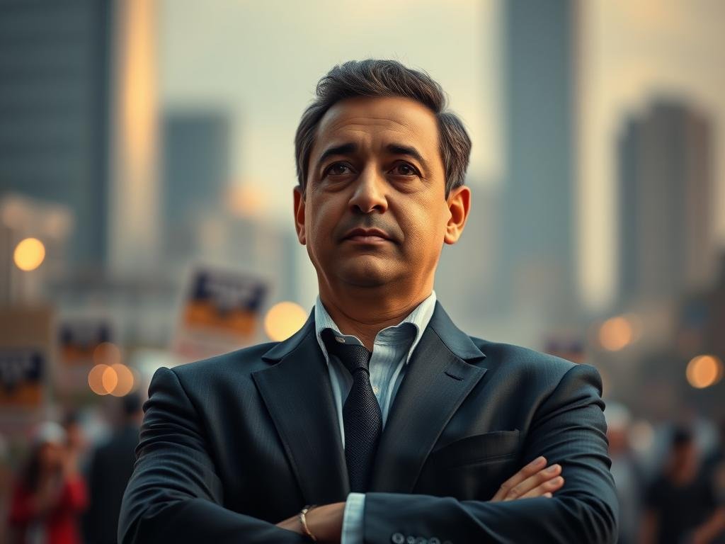 A thoughtful portrait of Amir Khadir, depicted as a dedicated activist and politician. The foreground showcases him in professional business attire, standing confidently with arms crossed, expressing a contemplative demeanor. His background is a blurred cityscape, hinting at political activities, with subtle tones reflecting a sense of change. Soft, warm lighting illuminates his face, highlighting his features. The middle ground features faint imagery of protest placards and crowds to symbolize his legacy, while a soft bokeh effect adds depth to the scene. The mood is reflective and respectful, encapsulating the influence of media narratives on his legacy, emphasizing a serious yet hopeful atmosphere. The image should be well-composed, utilizing a slight upward angle to portray his stature and importance in the community.