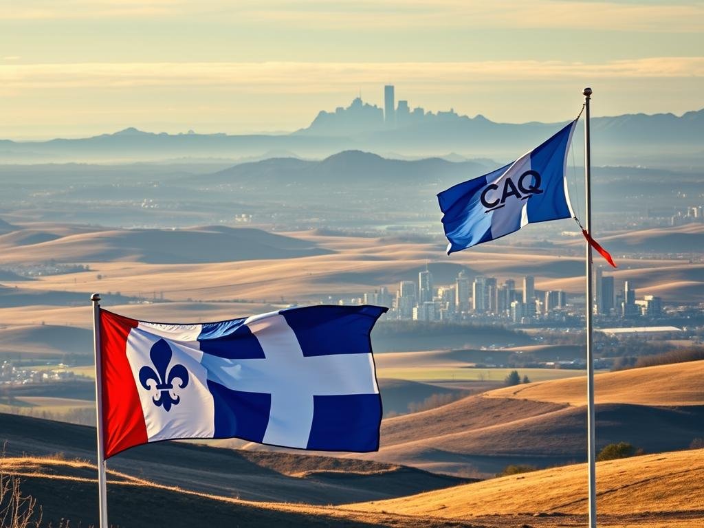 A vast electoral landscape stretches across the rolling hills of Quebec, with the Fleur-de-lis and the provincial flag fluttering in the cool breeze. In the foreground, the Parti Québécois banner surges forward, its momentum palpable, while the CAQ's standard bears the brunt of shifting political headwinds. Towering in the background, the majestic skyline of Montreal serves as a vibrant backdrop, its skyscrapers and iconic landmarks casting long shadows across the scene. The lighting is soft and warm, lending an air of contemplation to the proceedings. Captured through the lens of a wide-angle camera, this scene conveys the complex and dynamic political climate that grips the province, a tapestry of shifting alliances and rising tides.