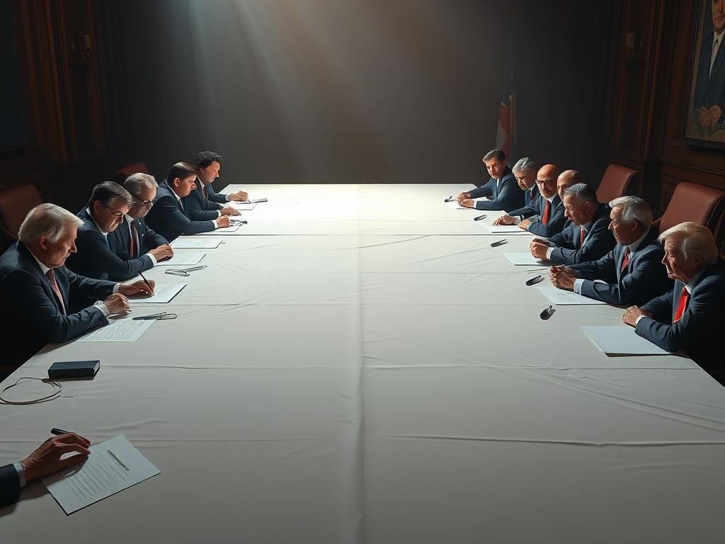 A vast, imposing table dominates the frame, its surface a canvas of intricate negotiations. Around it, key figures engage in tense discussions, their expressions a mix of concern and determination. In the background, the shadows of economic forces loom, hinting at the far-reaching consequences of a 25% tariff levy. The lighting is dramatic, casting an air of gravity and high-stakes decision-making. The scene conveys a sense of weighty deliberation, where the fate of industries and economies hangs in the balance.