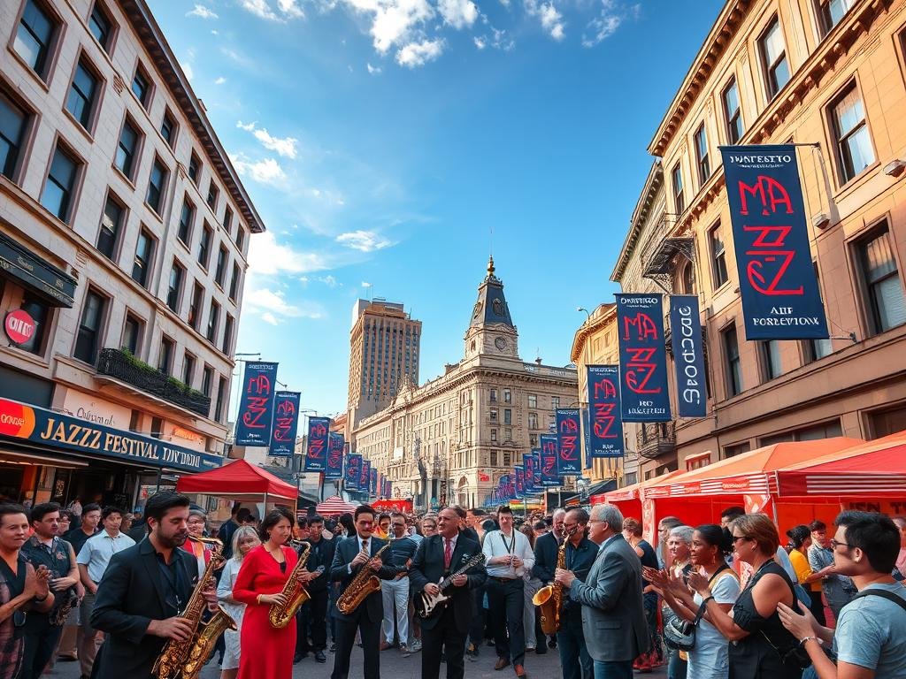 A vibrant and bustling scene of the Montreal Jazz Festival, showcasing a lively street filled with musicians and festival-goers. In the foreground, a diverse group of musicians, dressed in professional attire, passionately performing with various instruments like saxophones, trumpets, and guitars. The middle ground portrays spectators enjoying the music, clapping and swaying to the rhythm, with colorful food stalls and cultural displays in view, emphasizing the festival's heritage. In the background, iconic Montreal architecture under a bright blue sky sets the stage, with decorative banners celebrating jazz culture. Soft, warm lighting enhances the festive atmosphere, capturing the essence of a global-scale celebration. The angle is slightly elevated, offering a panoramic view of the lively street.