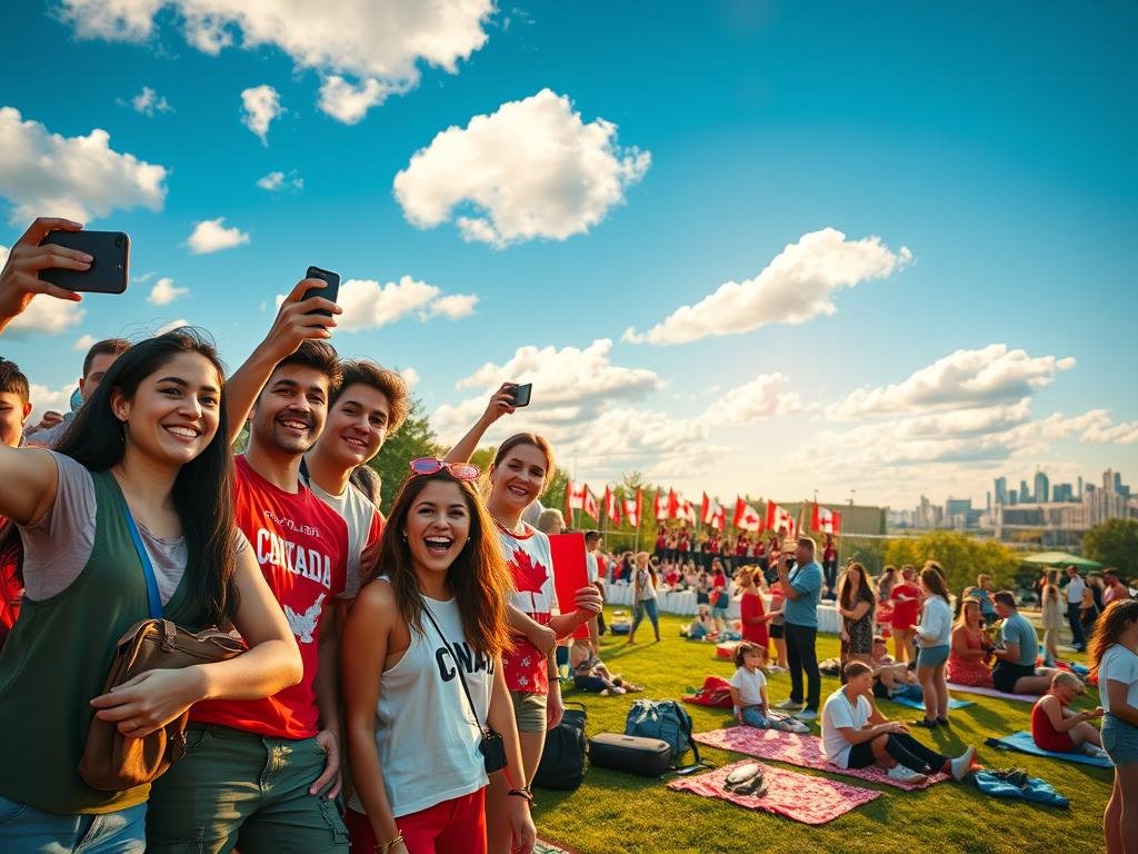 A vibrant and dynamic scene showcasing a diverse group of young adults and families celebrating Canada Day 2025 in a public park. In the foreground, people are engaging joyfully with each other, taking selfies and capturing moments on their smartphones. Some are wearing red and white clothing, celebrating Canadian pride. The middle ground features a picturesque park filled with colorful flags, picnic blankets, and various festive decorations, while a group of performers entertaining the crowd adds energy. In the background, a bright blue sky is filled with fluffy white clouds and a distant view of a city skyline. The overall atmosphere is lively and celebratory, illuminated by warm, golden sunlight, with a slight bokeh effect to emphasize the vivacity of the moment. A vibrant and dynamic scene showcasing a diverse group of young adults and families celebrating Canada Day 2025 in a public park. In the foreground, people are engaging joyfully with each other, taking selfies and capturing moments on their smartphones. Some are wearing red and white clothing, celebrating Canadian pride. The middle ground features a picturesque park filled with colorful flags, picnic blankets, and various festive decorations, while a group of performers entertaining the crowd adds energy. In the background, a bright blue sky is filled with fluffy white clouds and a distant view of a city skyline. The overall atmosphere is lively and celebratory, illuminated by warm, golden sunlight, with a slight bokeh effect to emphasize the vivacity of the moment.