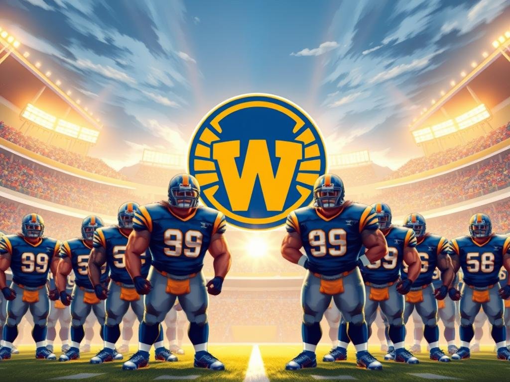 A vibrant and energetic illustration of the Winnipeg Blue Bombers, the Canadian Football League's iconic team. In the foreground, a group of imposing players in their distinct blue and gold uniforms stand tall, their muscular frames and determined expressions conveying the team's unwavering strength and competitive spirit. In the middle ground, the iconic Bomber logo shines brightly, its bold design and vivid colors evoking the team's proud heritage and passionate fan base. The background showcases the team's home stadium, a grand, modern structure with towering stands and a dynamic atmosphere, setting the stage for thrilling on-field performances. Illuminated by warm, golden lighting, the scene captures the electric energy and championship pedigree of the Winnipeg Blue Bombers.