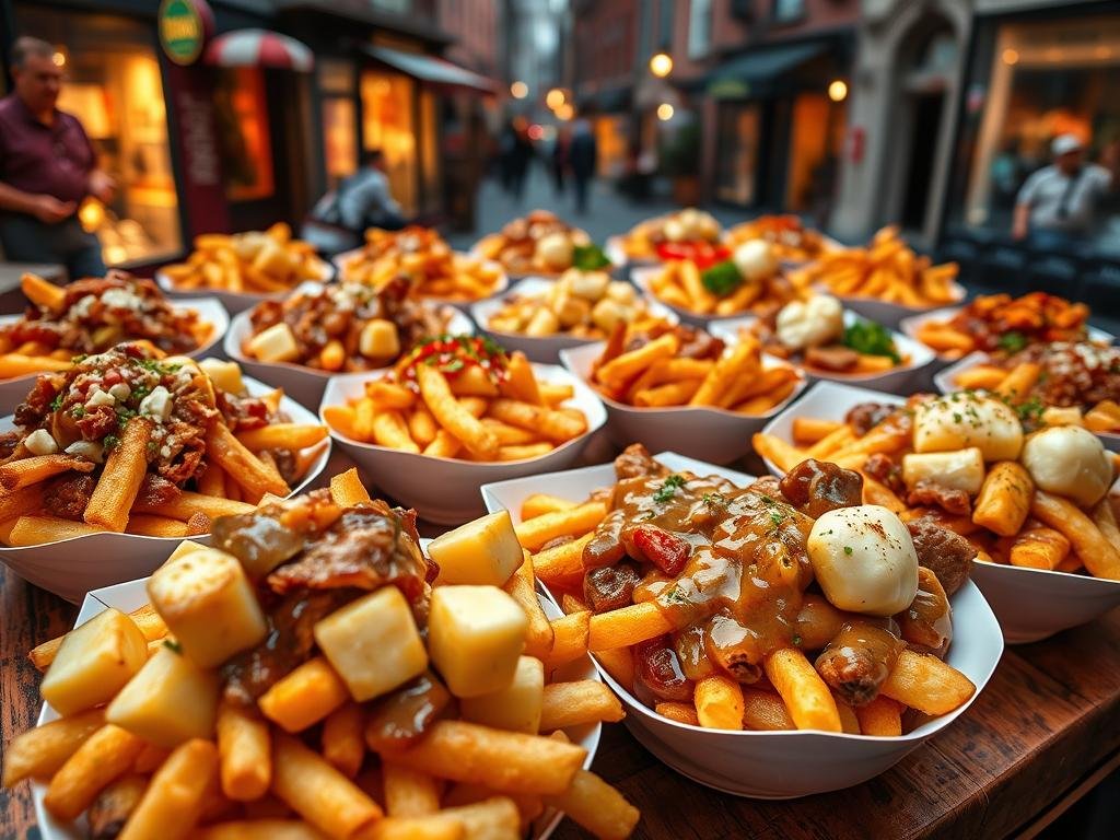 A vibrant and enticing display of 15 creative poutine dishes arranged artistically on a rustic wooden table, with rich, golden fries topped with various combinations of fresh curds, gravy, unique sauces, and toppings such as pulled pork, mushrooms, and sautéed vegetables. In the foreground, close-up details show the melty cheese curds glistening under warm, ambient lighting. The middle ground features an assortment of poutine bowls, each styled uniquely to reflect different cultural twists on the classic dish, surrounded by garnishes. In the background, elements of Old Montreal can be seen blurred, such as cobblestone streets and charming architecture, enhancing the local atmosphere. The overall mood is warm, inviting, and celebratory, perfect for a festive food event.