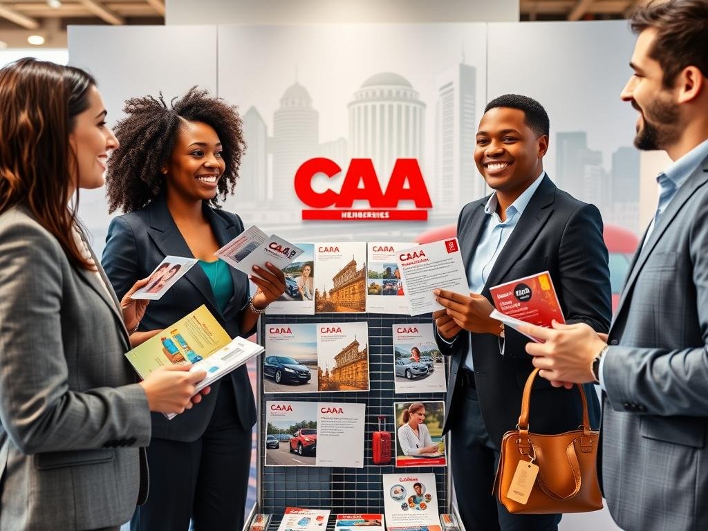 A vibrant and informative scene showcasing the benefits and rewards of CAA Membership in St. Catharines. In the foreground, a diverse group of three individuals in professional business attire engages in conversation, smiling while holding brochures and discount cards. In the middle ground, a well-organized display features CAA promotional materials, depicting services like roadside assistance, travel discounts, and exclusive member offers. The background reveals an artistic representation of St. Catharines' notable landmarks, subtly blended with elements like a car, suitcase, and travel-related icons. The lighting is bright and inviting, evoking a sense of community and excitement. Capture the atmosphere of positivity and connection, emphasizing the value of membership without any text or overlays.