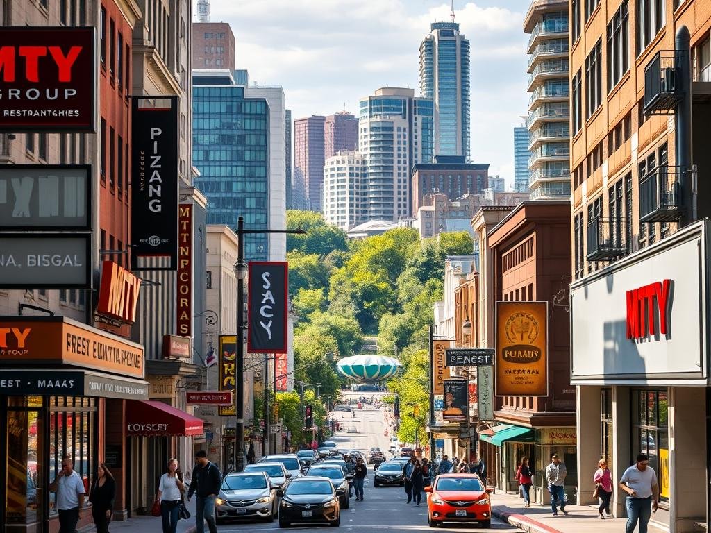A vibrant cityscape of Montreal, Laval, and the West, bustling with the local touchpoints of the MTY Group's restaurant franchises. In the foreground, prominent signage and storefronts of familiar dining establishments, their logos and branding prominently displayed. In the middle ground, pedestrians and vehicles navigate the streets, capturing the energy and foot traffic of these neighborhoods. The background features a mix of modern high-rises, historic architecture, and verdant parks, providing a dynamic backdrop to the local MTY presence. The scene is illuminated by warm, natural lighting, conveying a sense of vitality and community. The overall atmosphere exudes a balance of commercial vibrancy and urban charm, reflecting the vibrant search intent and brand resonance of MTY across these key regional hubs.
